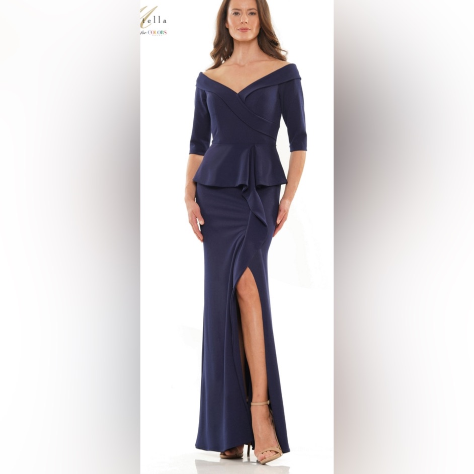 Elegant Off-Shoulder Navy Gown New With Tags